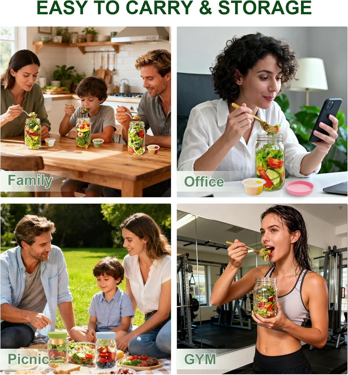 4 Pack Glass Salad Jars with Lids,32oz Mason Jars for Meal Prep,Leakproof Lunch Container with Two Small Built-in Boxes for Wet/Dry Separation of Salad Dressing and Dry Ingredients( Apricot White)