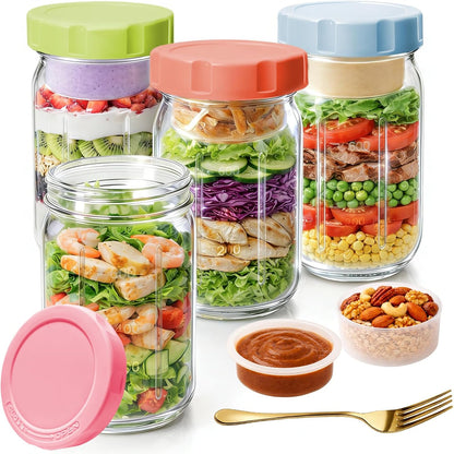 4 Pack Glass Salad Jars with Lids,32oz Mason Jars for Meal Prep,Leakproof Lunch Container with Two Small Built-in Boxes for Wet/Dry Separation of Salad Dressing and Dry Ingredients( Apricot White)