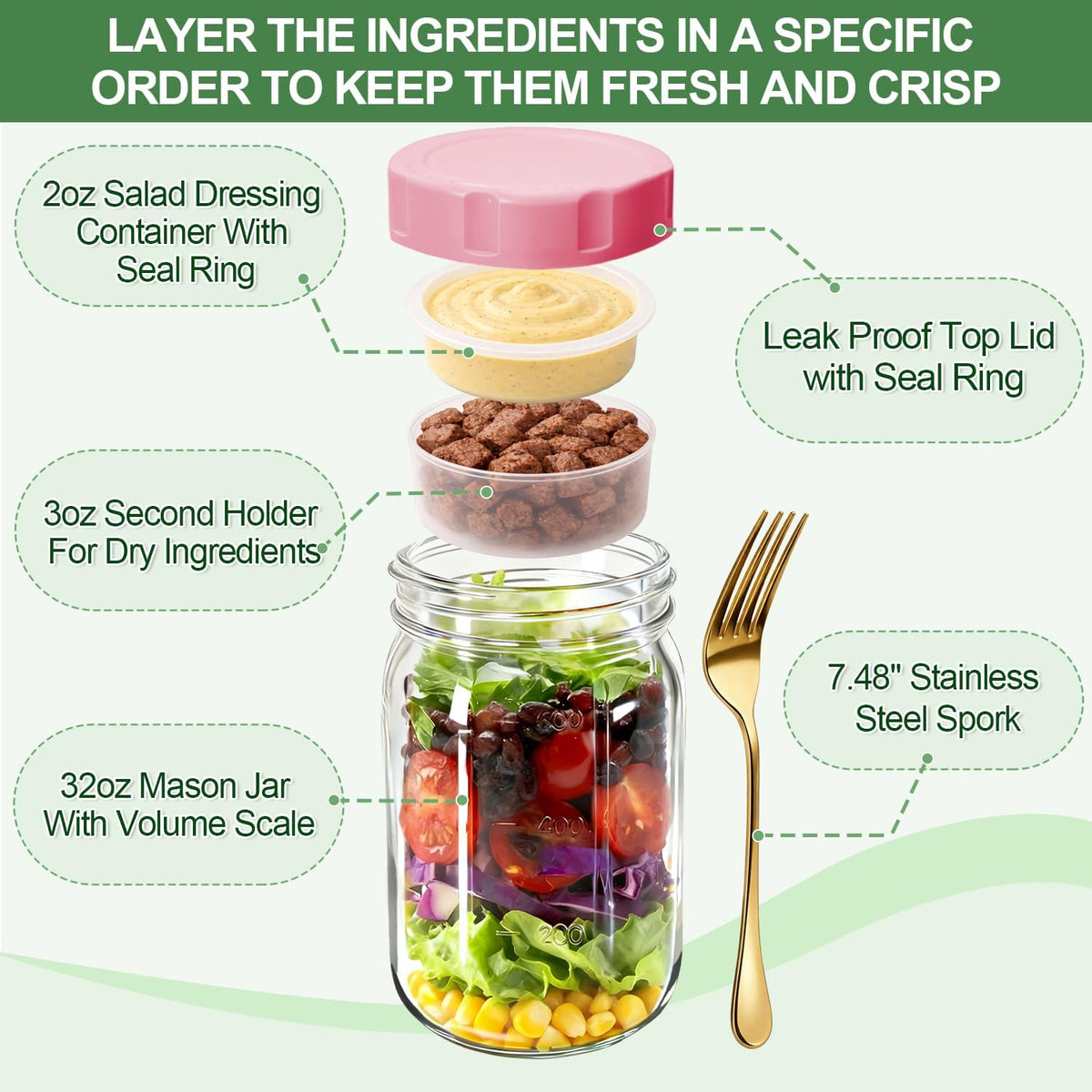 4 Pack Glass Salad Jars with Lids,32oz Mason Jars for Meal Prep,Leakproof Lunch Container with Two Small Built-in Boxes for Wet/Dry Separation of Salad Dressing and Dry Ingredients( Apricot White)