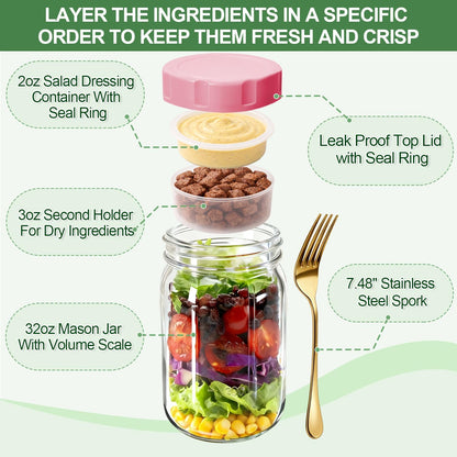 4 Pack Glass Salad Jars with Lids,32oz Mason Jars for Meal Prep,Leakproof Lunch Container with Two Small Built-in Boxes for Wet/Dry Separation of Salad Dressing and Dry Ingredients( Apricot White)