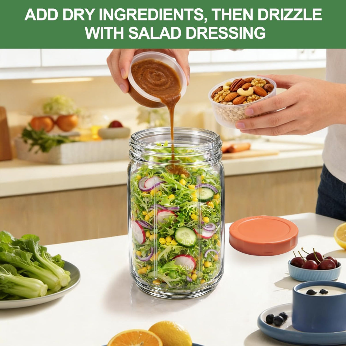 4 Pack Glass Salad Jars with Lids,32oz Mason Jars for Meal Prep,Leakproof Lunch Container with Two Small Built-in Boxes for Wet/Dry Separation of Salad Dressing and Dry Ingredients( Apricot White)