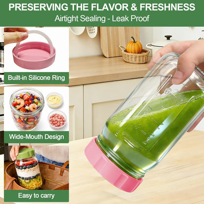 4 Pack Glass Salad Jars with Lids,32oz Mason Jars for Meal Prep,Leakproof Lunch Container with Two Small Built-in Boxes for Wet/Dry Separation of Salad Dressing and Dry Ingredients( Apricot White)