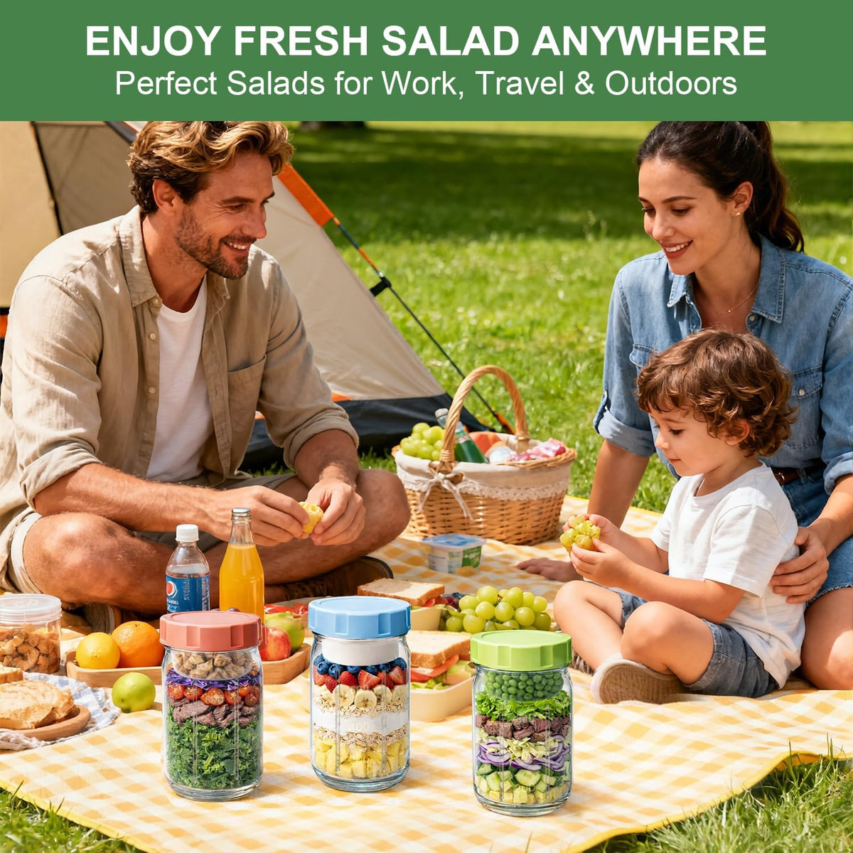 4 Pack Glass Salad Jars with Lids,32oz Mason Jars for Meal Prep,Leakproof Lunch Container with Two Small Built-in Boxes for Wet/Dry Separation of Salad Dressing and Dry Ingredients( Apricot White)