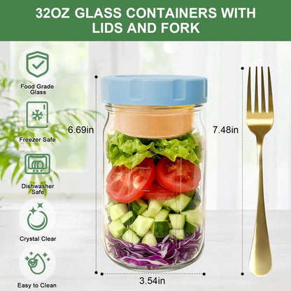 4 Pack Glass Salad Jars with Lids,32oz Mason Jars for Meal Prep,Leakproof Lunch Container with Two Small Built-in Boxes for Wet/Dry Separation of Salad Dressing and Dry Ingredients( Apricot White)