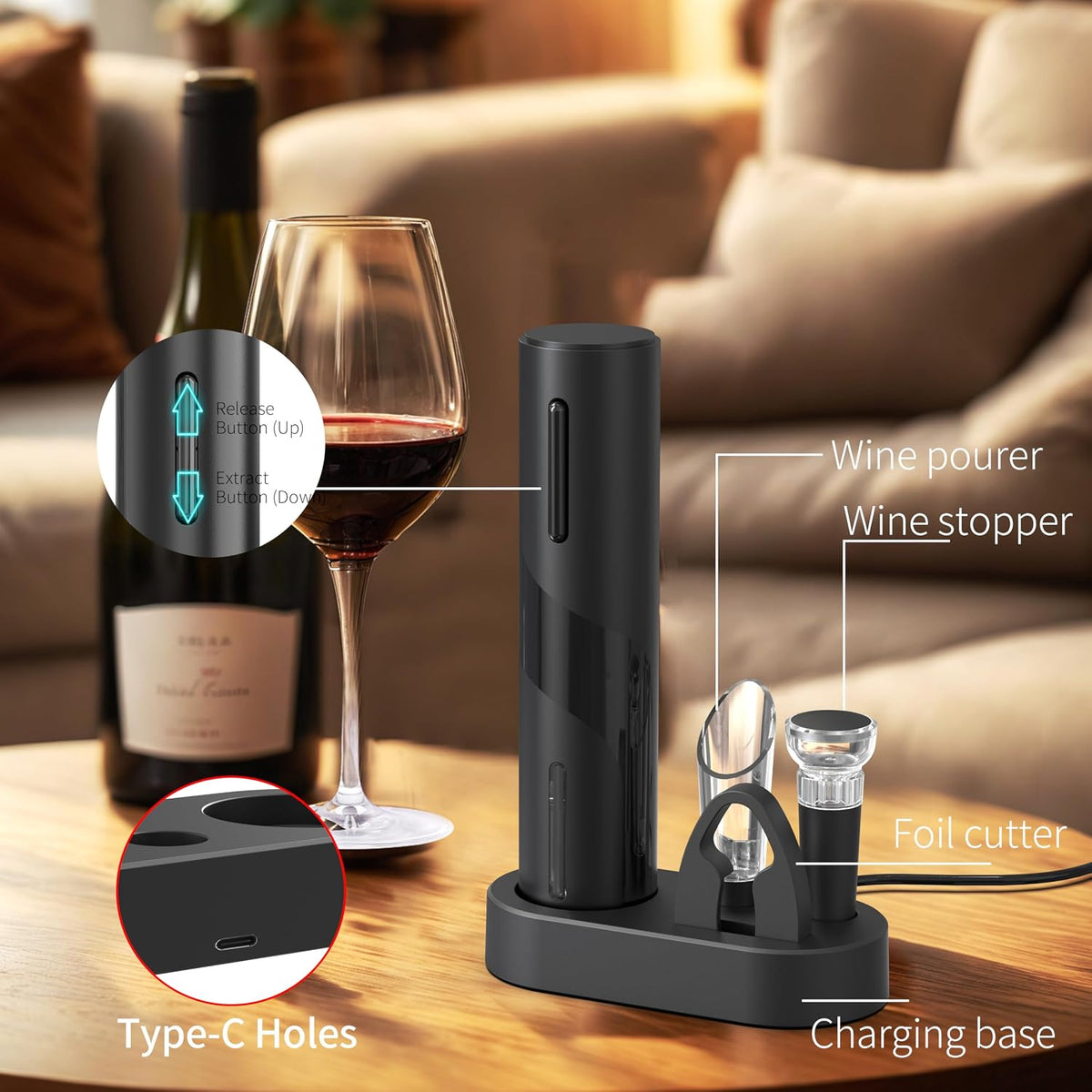 Electric Wine Bottle Opener, Easy to Use, Perfect for Home, Restaurants & Travel, Wine Lovers & Host (Black)