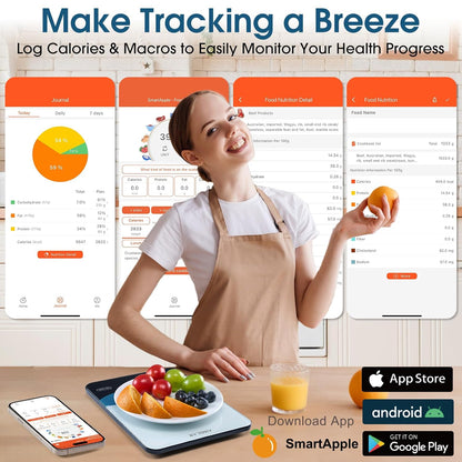 Bluetooth Smart Kitchen Scale 10kg/22lb - Nutrition Food Scale with App Calorie & Macro Tracker, 19+ Nutrients Analysis, USB-C Rechargeable, Tempered Glass, LED Display