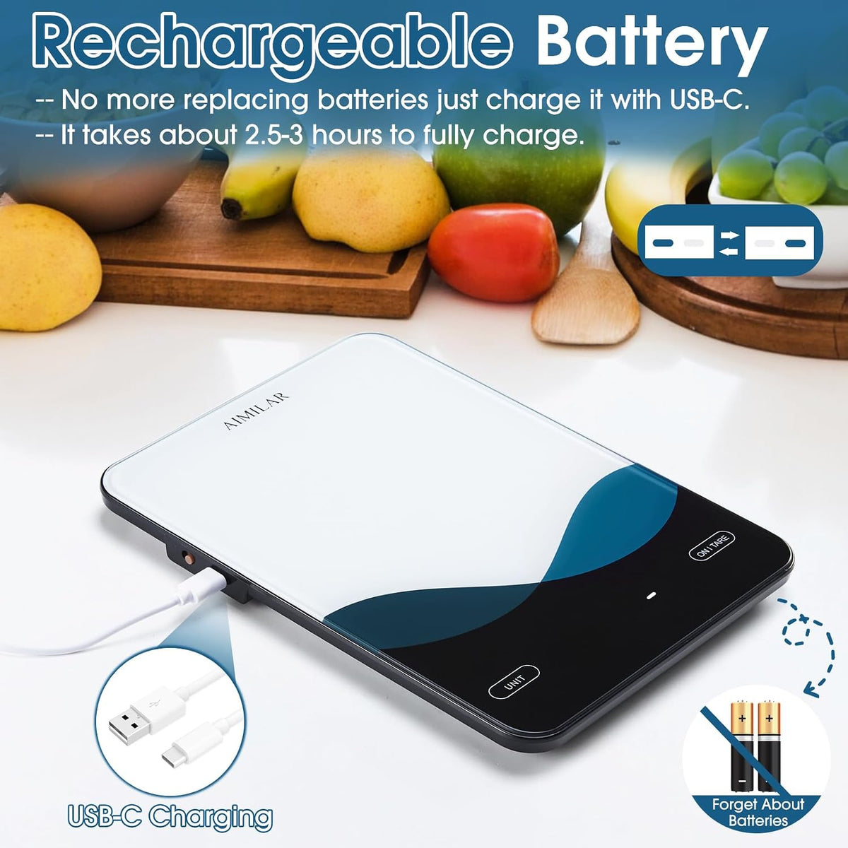 Bluetooth Smart Kitchen Scale 10kg/22lb - Nutrition Food Scale with App Calorie & Macro Tracker, 19+ Nutrients Analysis, USB-C Rechargeable, Tempered Glass, LED Display