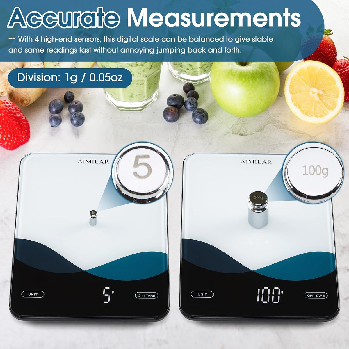 Bluetooth Smart Kitchen Scale 10kg/22lb - Nutrition Food Scale with App Calorie & Macro Tracker, 19+ Nutrients Analysis, USB-C Rechargeable, Tempered Glass, LED Display