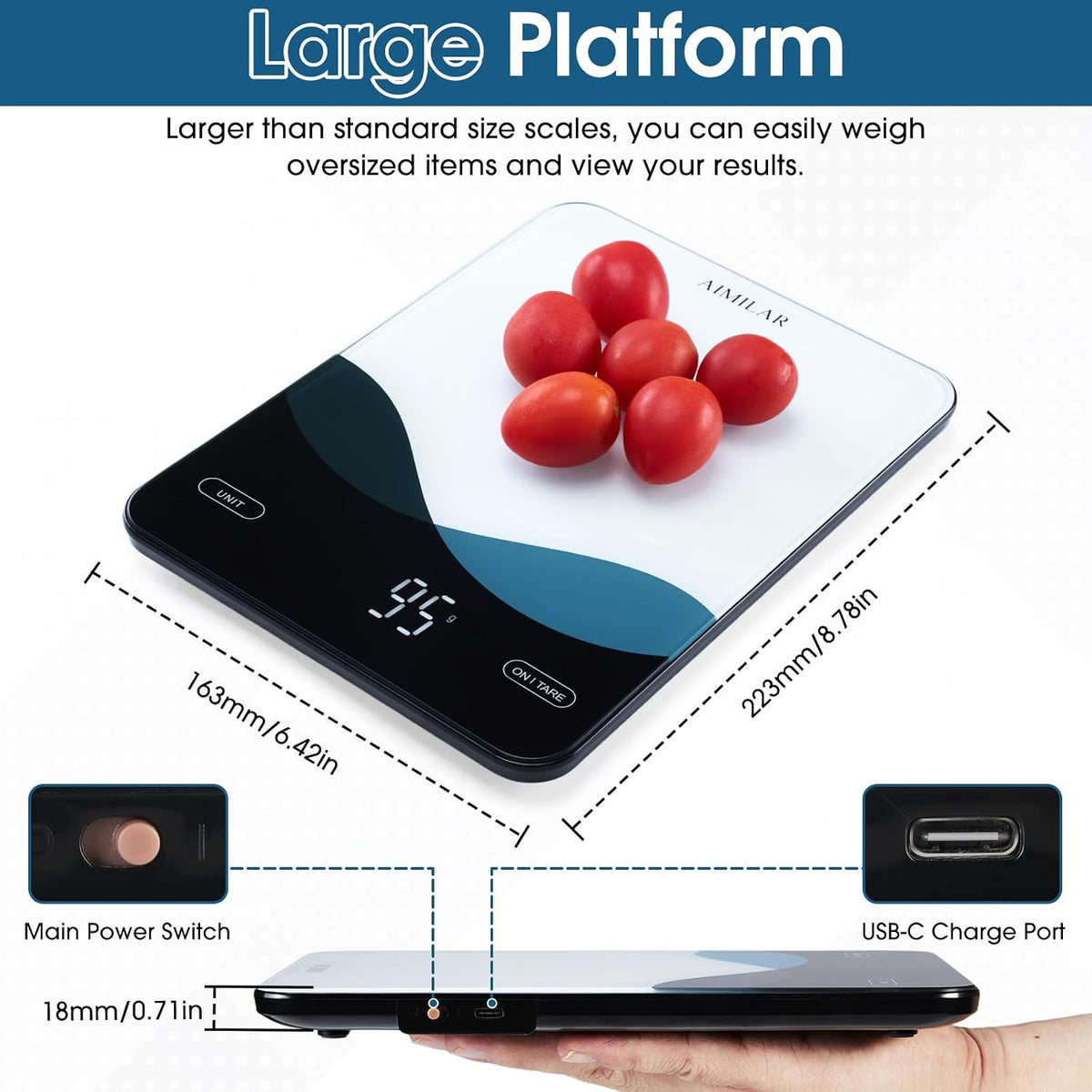 Bluetooth Smart Kitchen Scale 10kg/22lb - Nutrition Food Scale with App Calorie & Macro Tracker, 19+ Nutrients Analysis, USB-C Rechargeable, Tempered Glass, LED Display