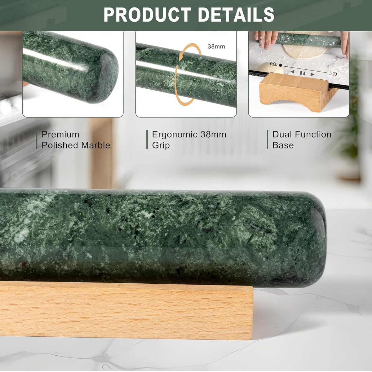 Natural Marble Rolling Pin for Baking, 15.6" Non-Stick Stone Dough Roller