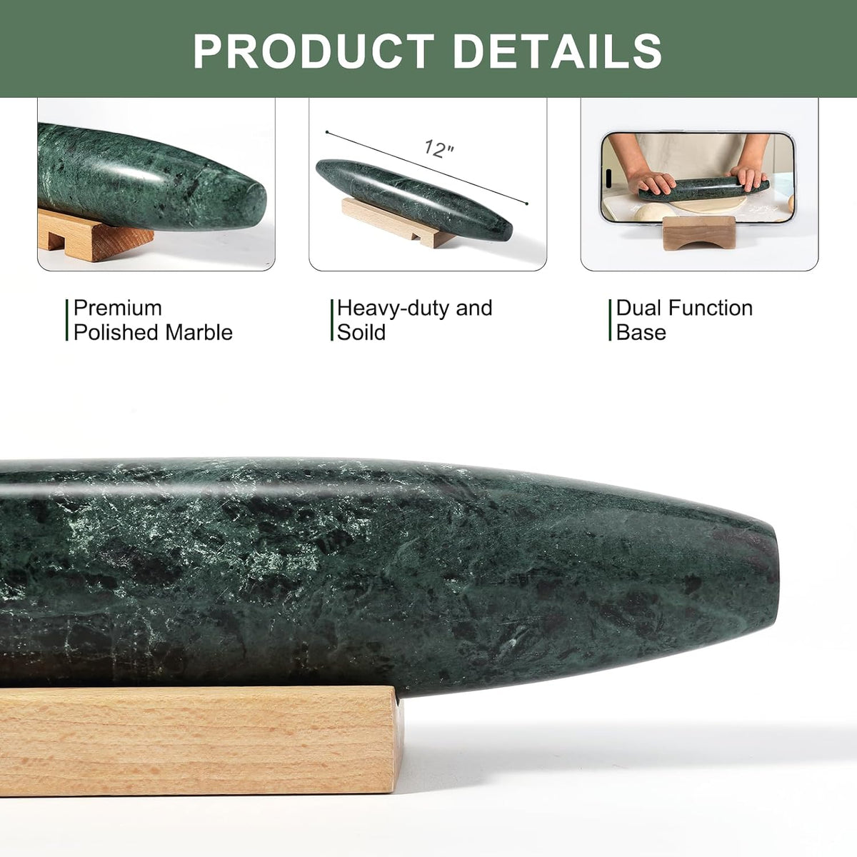 Natural Marble Rolling Pin for Baking, 15.6" Non-Stick Stone Dough Roller