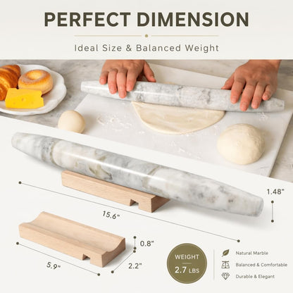 Natural Marble Rolling Pin for Baking, 15.6" Non-Stick Stone Dough Roller