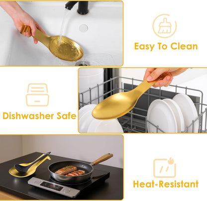 6 Pack 9.85 x 3.74 Inch Stainless Steel Spoon Rest, Spatula Ladle Holder, Gold Kitchen Utensil Rest for Stove Top and Countertop, Dishwasher Safe