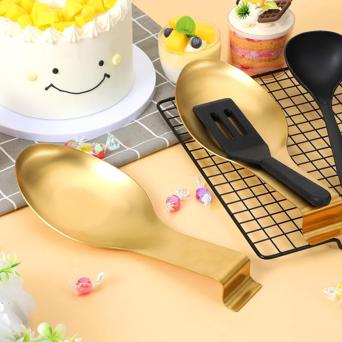 6 Pack 9.85 x 3.74 Inch Stainless Steel Spoon Rest, Spatula Ladle Holder, Gold Kitchen Utensil Rest for Stove Top and Countertop, Dishwasher Safe