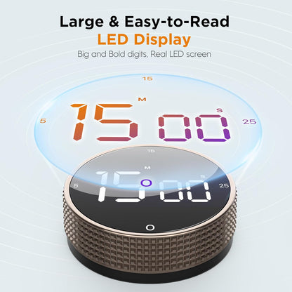 Digital Kitchen Timer - Magnetic Countdown Count Up Clock with Large LED Display, 5/15/25 Min Presets, 3 Volume Levels, Rotary Dial for Cooking, Productivity, Classroom, Fitness (1, Tarnish)