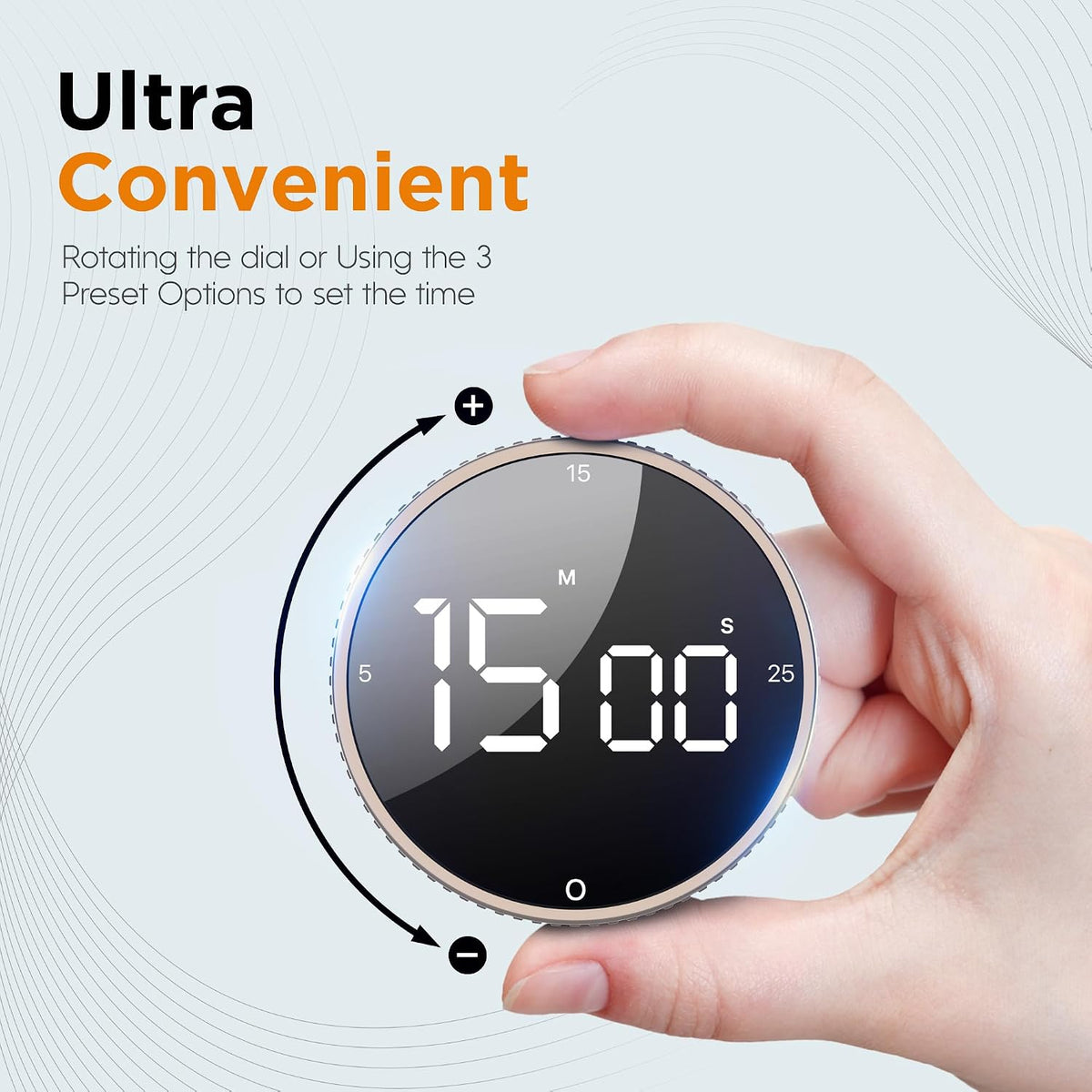 Digital Kitchen Timer - Magnetic Countdown Count Up Clock with Large LED Display, 5/15/25 Min Presets, 3 Volume Levels, Rotary Dial for Cooking, Productivity, Classroom, Fitness (1, Tarnish)