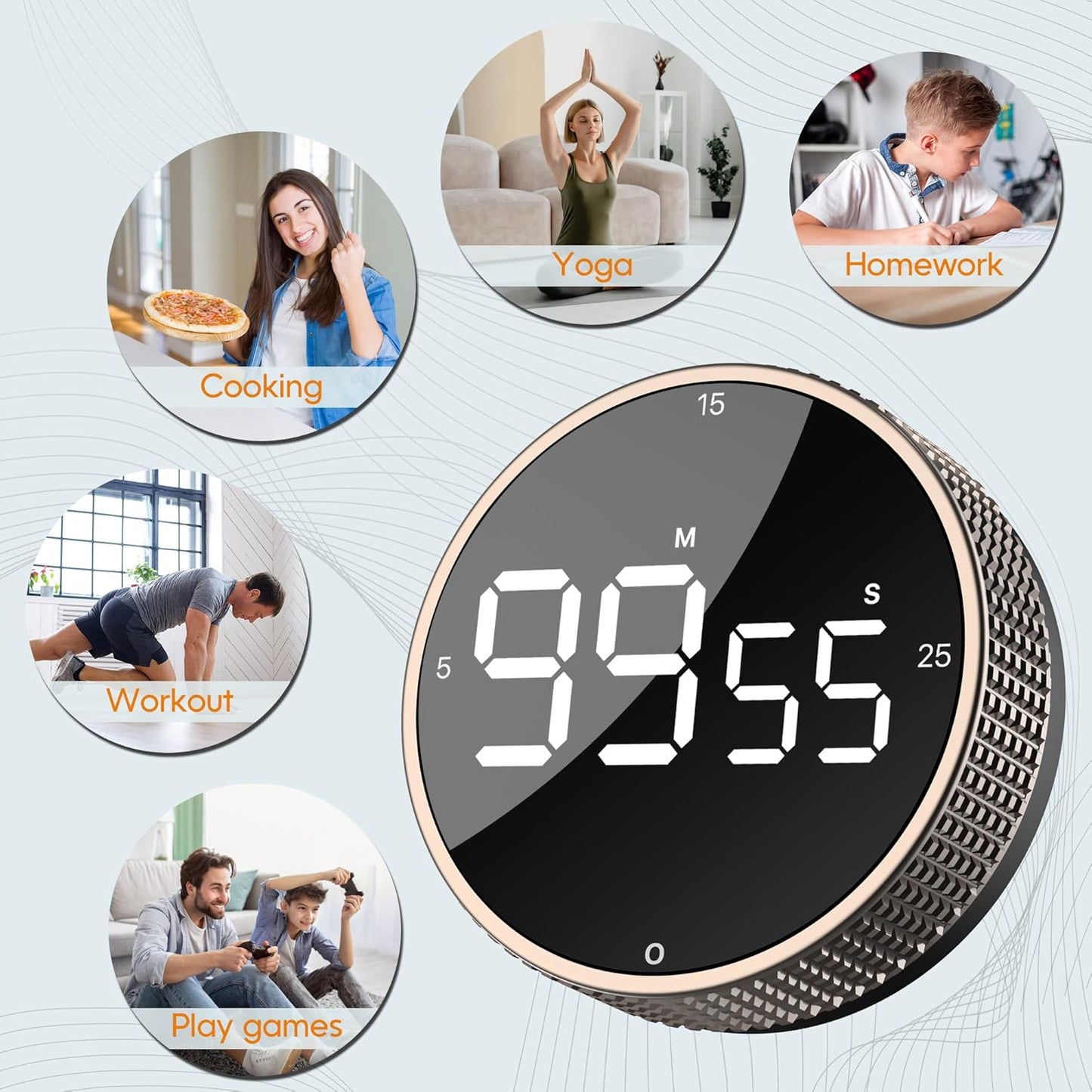 Digital Kitchen Timer - Magnetic Countdown Count Up Clock with Large LED Display, 5/15/25 Min Presets, 3 Volume Levels, Rotary Dial for Cooking, Productivity, Classroom, Fitness (1, Tarnish)