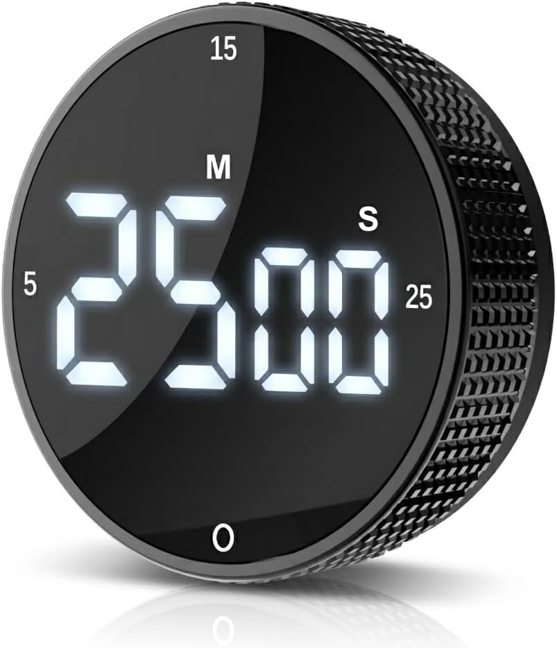 Digital Kitchen Timer - Magnetic Countdown Count Up Clock with Large LED Display, 5/15/25 Min Presets, 3 Volume Levels, Rotary Dial for Cooking, Productivity, Classroom, Fitness (1, Tarnish)