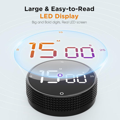 Digital Kitchen Timer - Magnetic Countdown Count Up Clock with Large LED Display, 5/15/25 Min Presets, 3 Volume Levels, Rotary Dial for Cooking, Productivity, Classroom, Fitness (1, Tarnish)