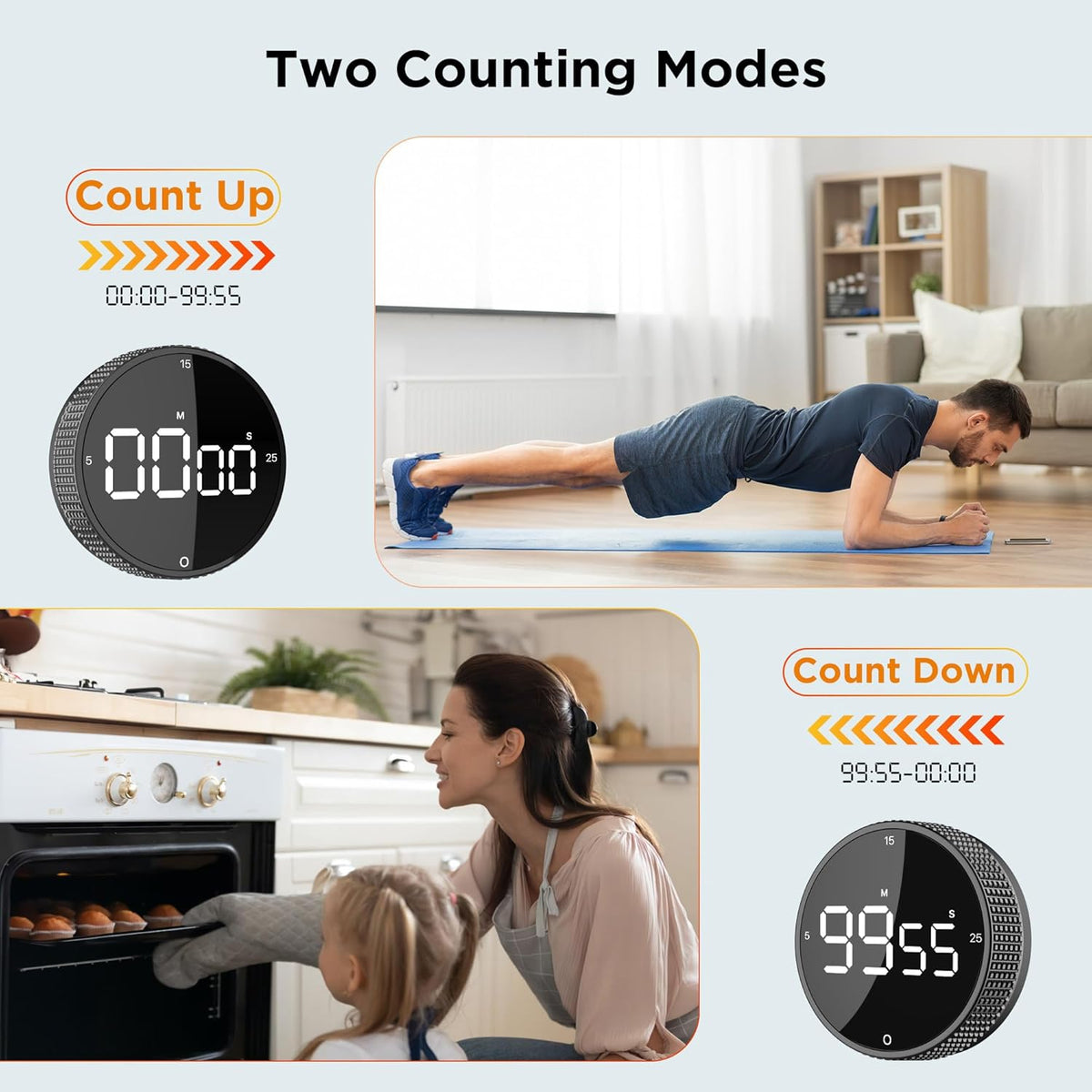 Digital Kitchen Timer - Magnetic Countdown Count Up Clock with Large LED Display, 5/15/25 Min Presets, 3 Volume Levels, Rotary Dial for Cooking, Productivity, Classroom, Fitness (1, Tarnish)