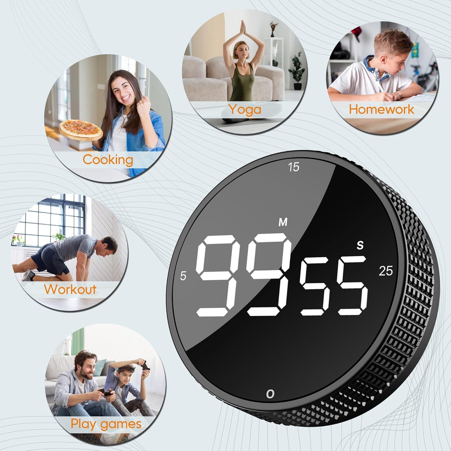 Digital Kitchen Timer - Magnetic Countdown Count Up Clock with Large LED Display, 5/15/25 Min Presets, 3 Volume Levels, Rotary Dial for Cooking, Productivity, Classroom, Fitness (1, Tarnish)