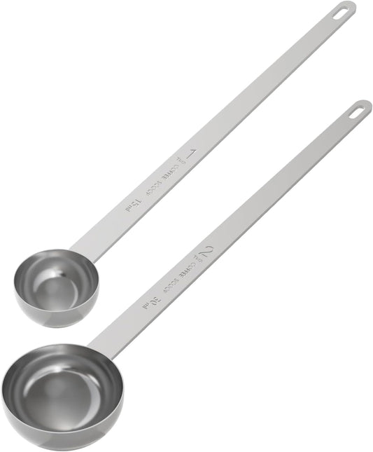 Extra Long Handle Coffee Scoop Set, 1tbsp & 2tbsp Measuring Spoon | 15ml + 30ml, Food-Grade Stainless Steel, Accurate Measurement, Dishwasher-Safe, Engraved Marking, Coffee Ritual Essential