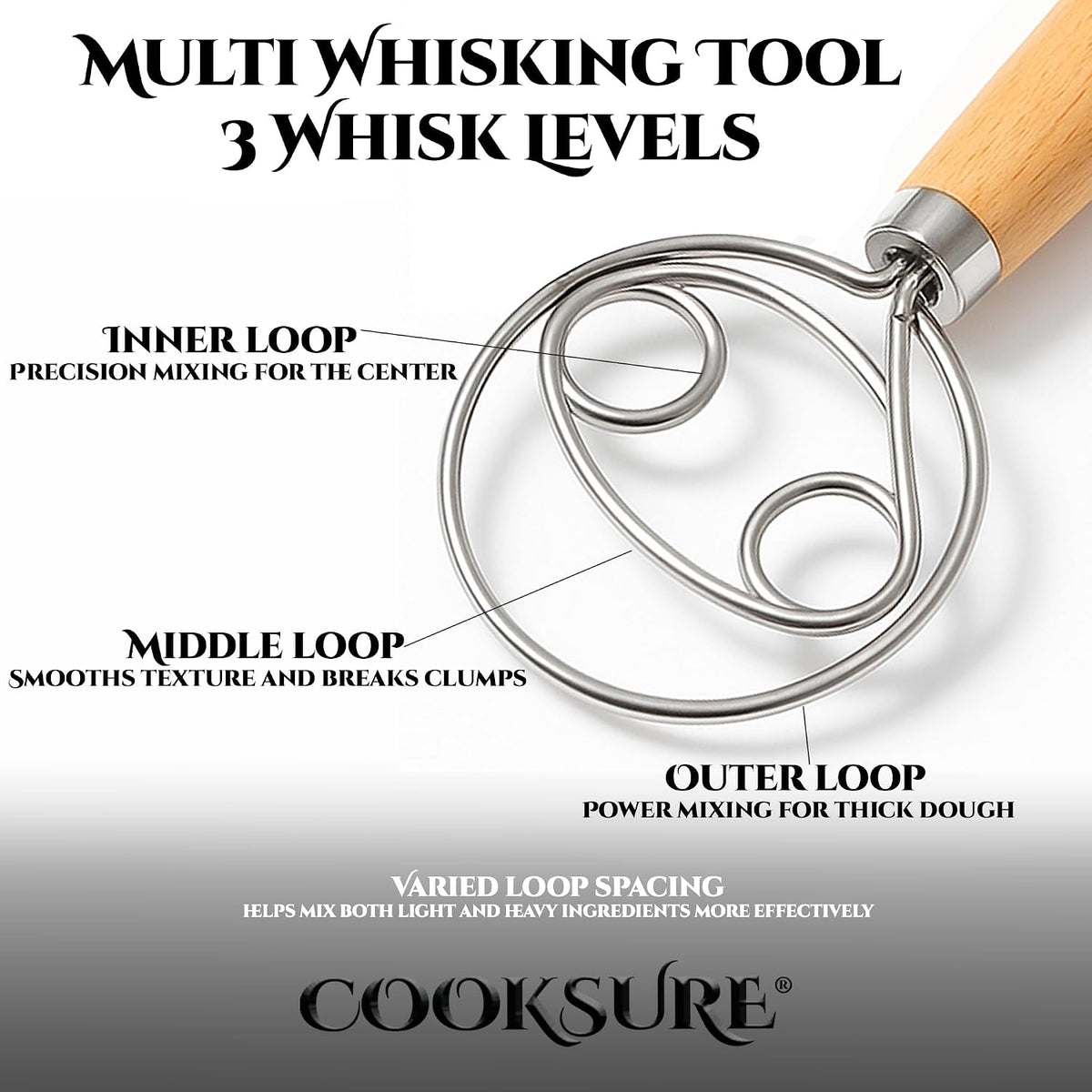Danish Dough Whisk for Sourdough Bread – 13 Inch Bread Whisk with Wooden Handle – 304 Stainless Steel Hook for Heavy Dough Baking, Swedish Dough Whisk Tool