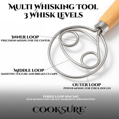 Danish Dough Whisk for Sourdough Bread – 13 Inch Bread Whisk with Wooden Handle – 304 Stainless Steel Hook for Heavy Dough Baking, Swedish Dough Whisk Tool