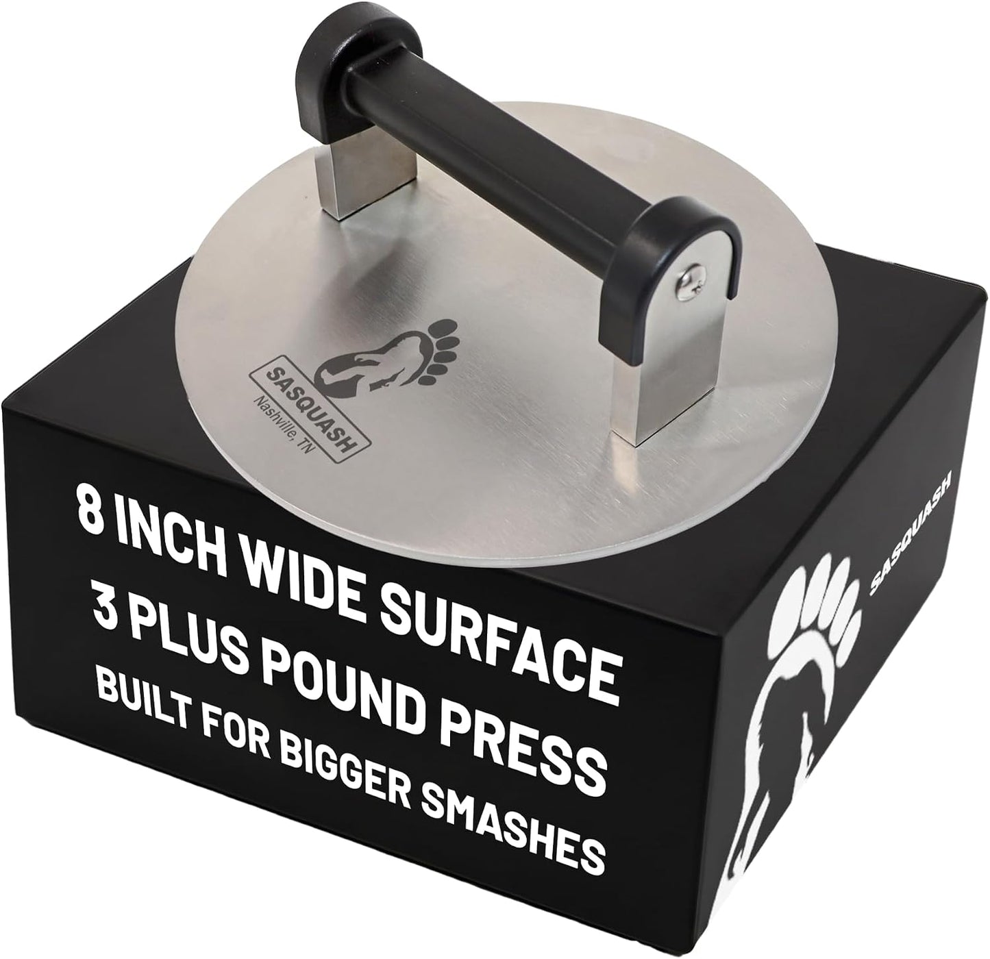 Sasquash Smash Burger Press, Bigfoot, 3 Plus Pound Stainless Steel, 8 inch | Heavy Duty Round Tool, Great For Sandwiches And Steak Prep, Griddle And Flat Top Cooking Kitchen Essential, Cookout Ready
