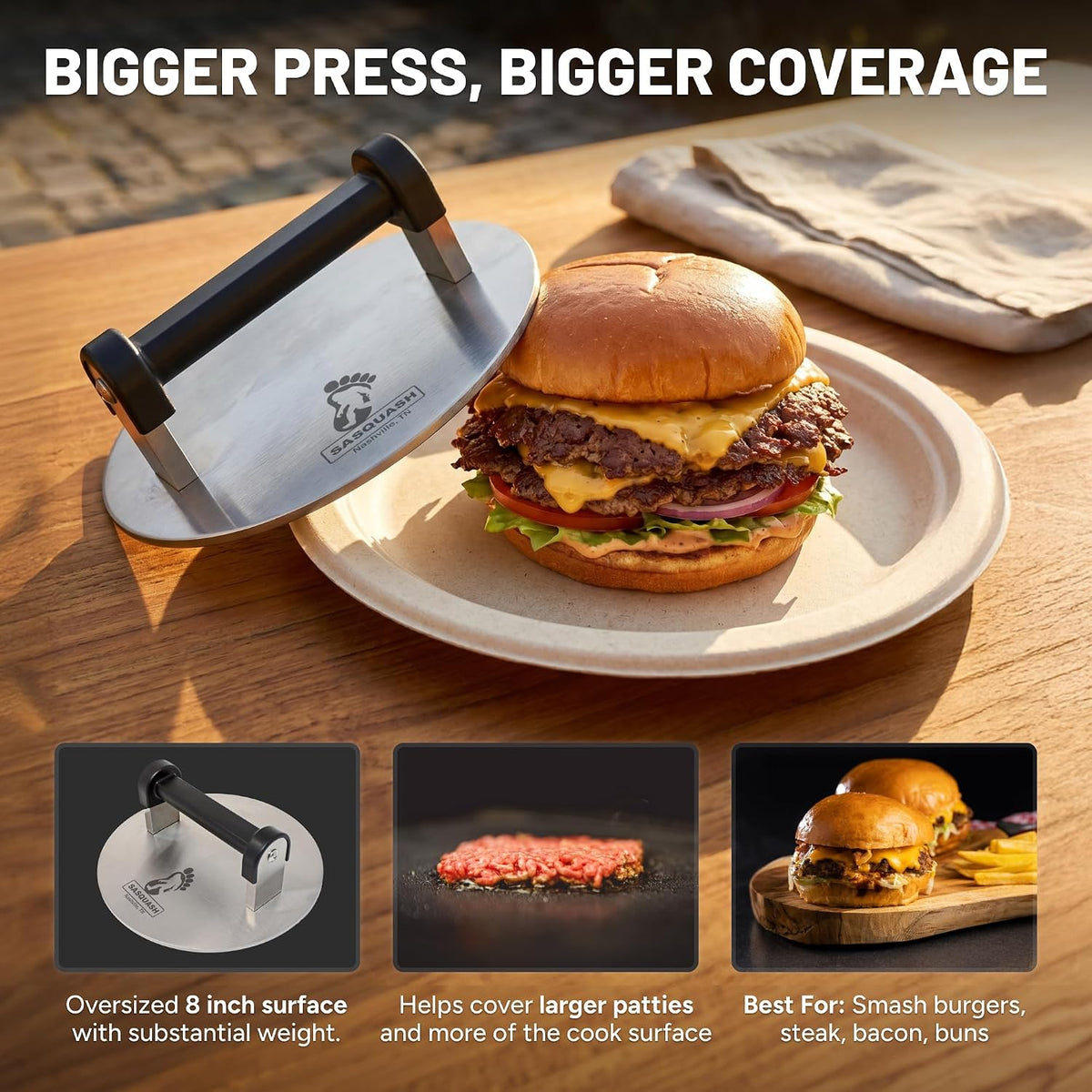 Sasquash Smash Burger Press, Bigfoot, 3 Plus Pound Stainless Steel, 8 inch | Heavy Duty Round Tool, Great For Sandwiches And Steak Prep, Griddle And Flat Top Cooking Kitchen Essential, Cookout Ready