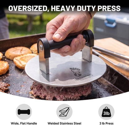 Sasquash Smash Burger Press, Bigfoot, 3 Plus Pound Stainless Steel, 8 inch | Heavy Duty Round Tool, Great For Sandwiches And Steak Prep, Griddle And Flat Top Cooking Kitchen Essential, Cookout Ready