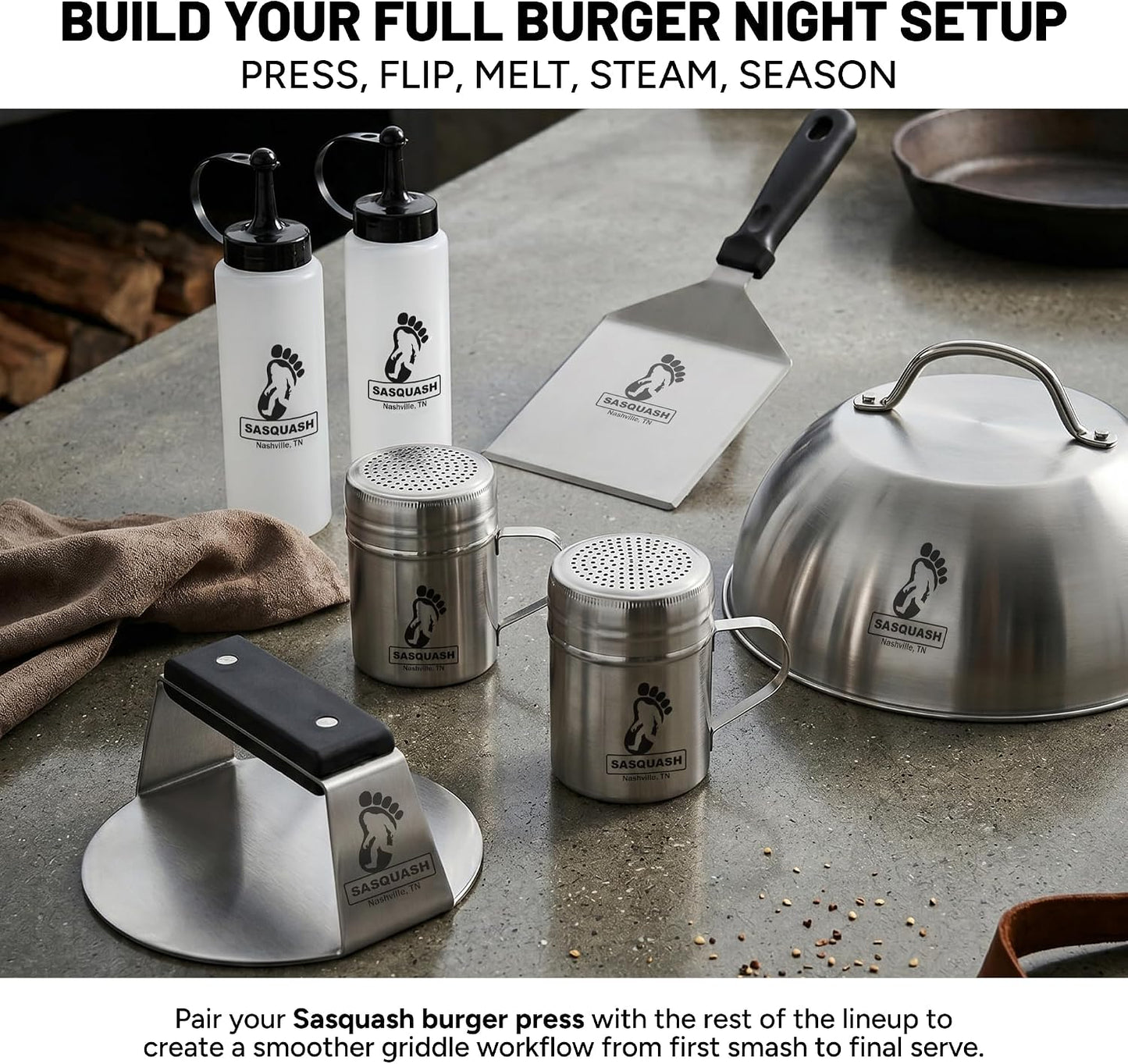 Sasquash Smash Burger Press, Bigfoot, 3 Plus Pound Stainless Steel, 8 inch | Heavy Duty Round Tool, Great For Sandwiches And Steak Prep, Griddle And Flat Top Cooking Kitchen Essential, Cookout Ready
