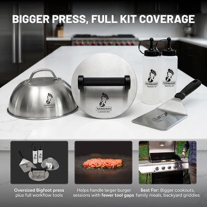 Sasquash Smash Burger Press, Bigfoot, 3 Plus Pound Stainless Steel, 8 inch | Heavy Duty Round Tool, Great For Sandwiches And Steak Prep, Griddle And Flat Top Cooking Kitchen Essential, Cookout Ready