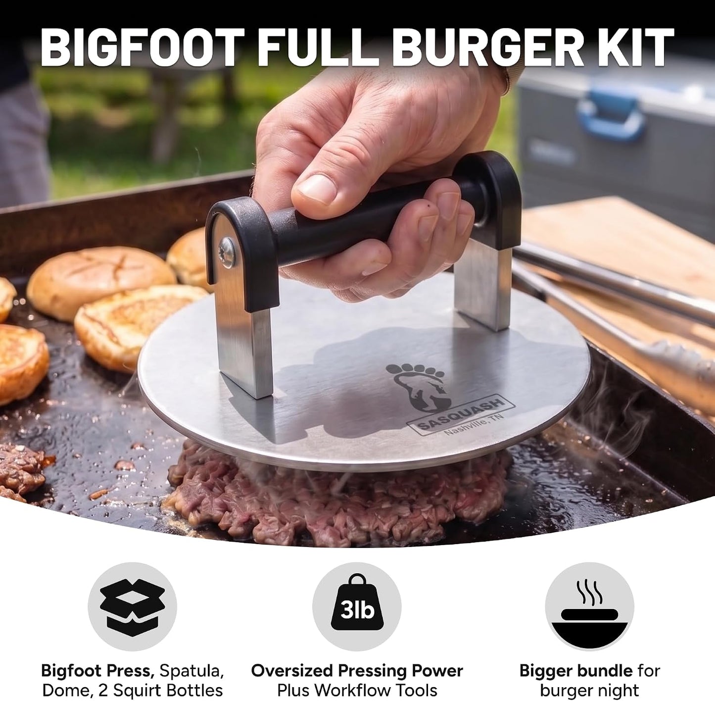 Sasquash Smash Burger Press, Bigfoot, 3 Plus Pound Stainless Steel, 8 inch | Heavy Duty Round Tool, Great For Sandwiches And Steak Prep, Griddle And Flat Top Cooking Kitchen Essential, Cookout Ready