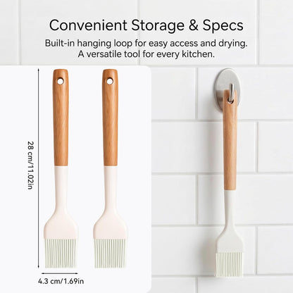 Silicone Basting Pastry Brush 2 PCS Silicone Oil Brushes with Wooden Handle Durable Heat Resistant Kitchen Brush for Cooking Baking Grilling Spreading BBQ Oil Butter Easy to Clean