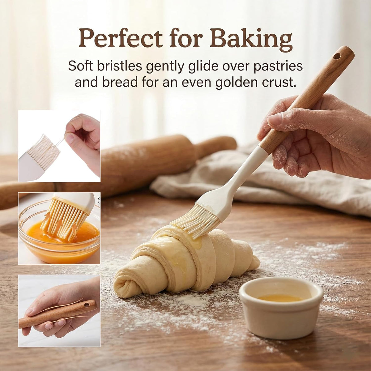Silicone Basting Pastry Brush 2 PCS Silicone Oil Brushes with Wooden Handle Durable Heat Resistant Kitchen Brush for Cooking Baking Grilling Spreading BBQ Oil Butter Easy to Clean