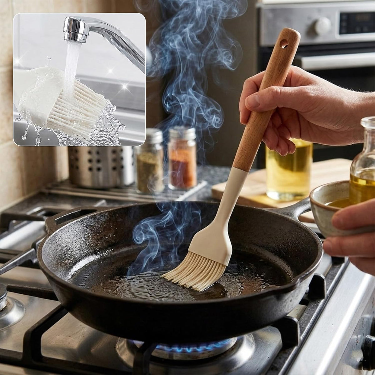 Silicone Basting Pastry Brush 2 PCS Silicone Oil Brushes with Wooden Handle Durable Heat Resistant Kitchen Brush for Cooking Baking Grilling Spreading BBQ Oil Butter Easy to Clean