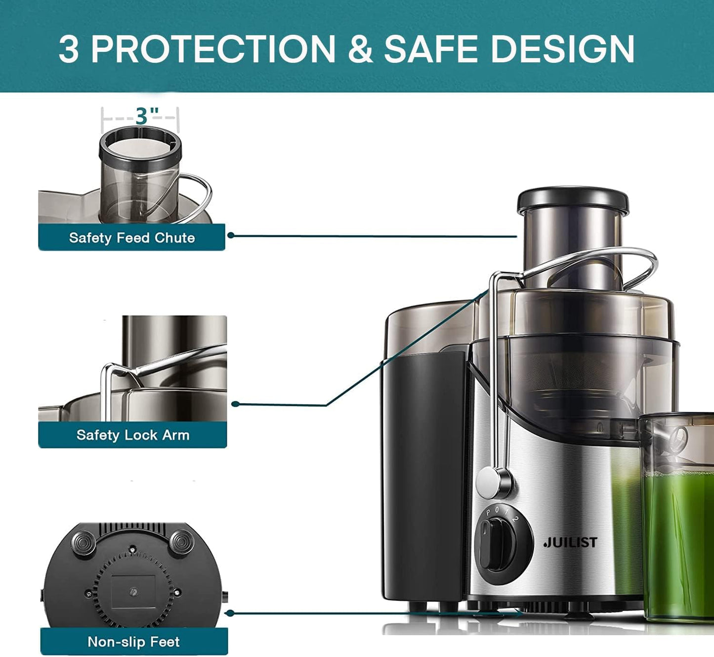 Juicer Machines, Juilist 3" Wide Mouth, Max 800W, 3-Speed 400W Easy-Clean | Max power 800W