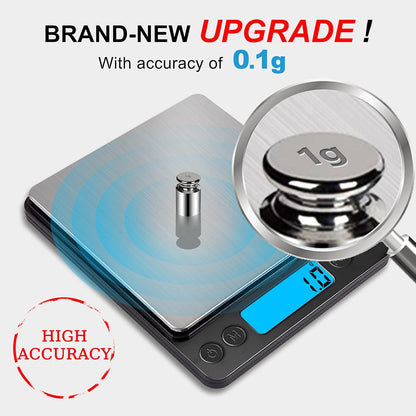 Digital Food Kitchen Scale Upgraded, 3000g/0.1g High Accuracy Mini Pocket Scale Measures in Grams and oz for Cooking, Baking, Jewelry, Tare Function,2 Trays, LCD Display (Batteries Included)