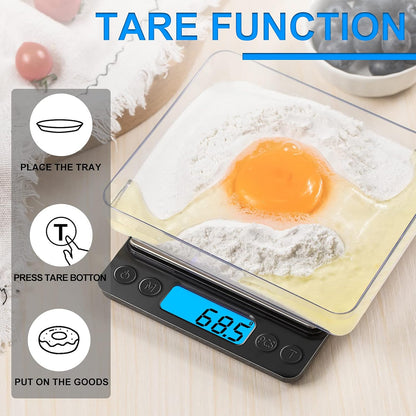 Digital Food Kitchen Scale Upgraded, 3000g/0.1g High Accuracy Mini Pocket Scale Measures in Grams and oz for Cooking, Baking, Jewelry, Tare Function,2 Trays, LCD Display (Batteries Included)