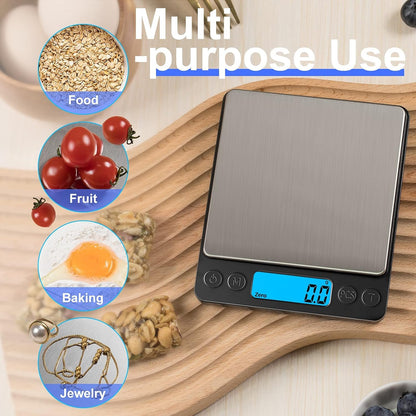 Digital Food Kitchen Scale Upgraded, 3000g/0.1g High Accuracy Mini Pocket Scale Measures in Grams and oz for Cooking, Baking, Jewelry, Tare Function,2 Trays, LCD Display (Batteries Included)
