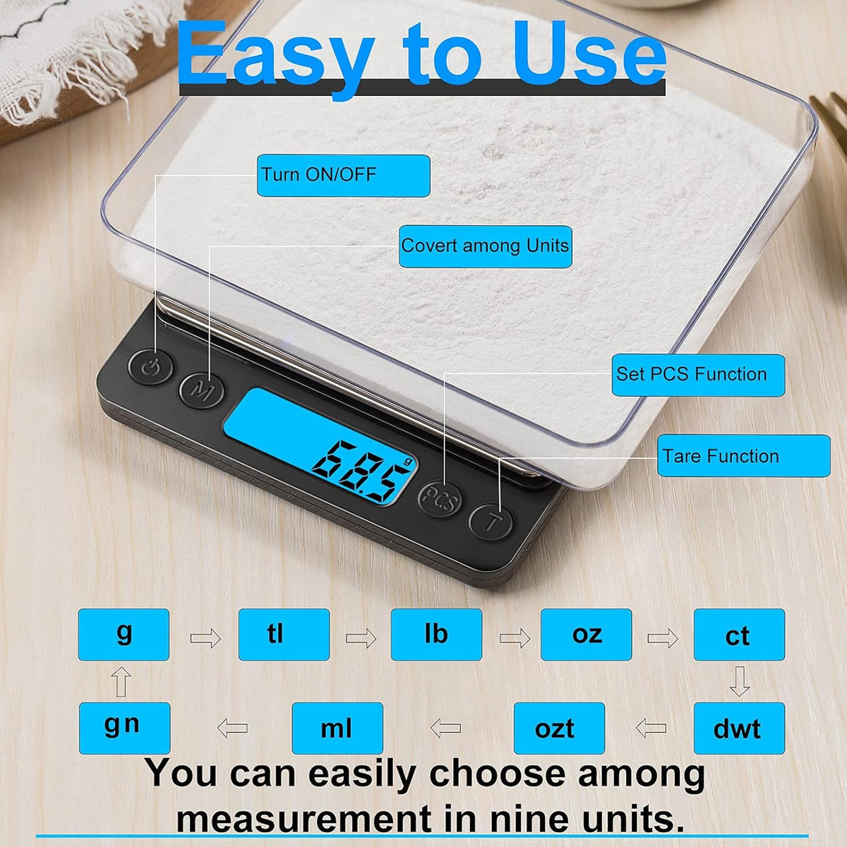 Digital Food Kitchen Scale Upgraded, 3000g/0.1g High Accuracy Mini Pocket Scale Measures in Grams and oz for Cooking, Baking, Jewelry, Tare Function,2 Trays, LCD Display (Batteries Included)