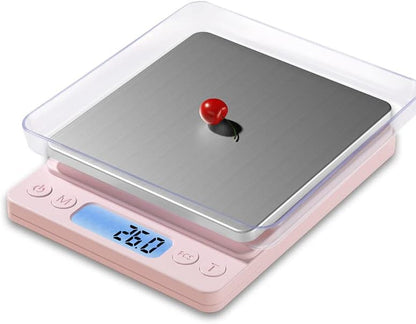 Digital Food Kitchen Scale Upgraded, 3000g/0.1g High Accuracy Mini Pocket Scale Measures in Grams and oz for Cooking, Baking, Jewelry, Tare Function,2 Trays, LCD Display (Batteries Included)