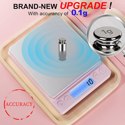 Digital Food Kitchen Scale Upgraded, 3000g/0.1g High Accuracy Mini Pocket Scale Measures in Grams and oz for Cooking, Baking, Jewelry, Tare Function,2 Trays, LCD Display (Batteries Included)