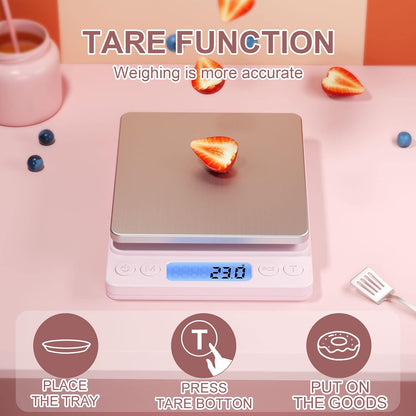 Digital Food Kitchen Scale Upgraded, 3000g/0.1g High Accuracy Mini Pocket Scale Measures in Grams and oz for Cooking, Baking, Jewelry, Tare Function,2 Trays, LCD Display (Batteries Included)