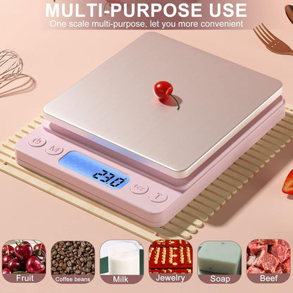 Digital Food Kitchen Scale Upgraded, 3000g/0.1g High Accuracy Mini Pocket Scale Measures in Grams and oz for Cooking, Baking, Jewelry, Tare Function,2 Trays, LCD Display (Batteries Included)