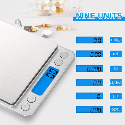 Digital Food Kitchen Scale Upgraded, 3000g/0.1g High Accuracy Mini Pocket Scale Measures in Grams and oz for Cooking, Baking, Jewelry, Tare Function,2 Trays, LCD Display (Batteries Included)