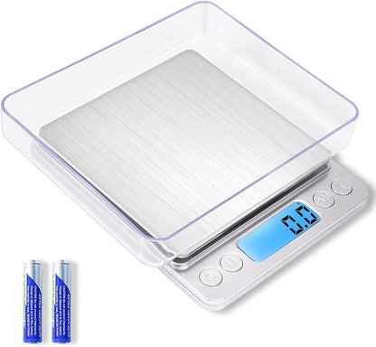 Digital Food Kitchen Scale Upgraded, 3000g/0.1g High Accuracy Mini Pocket Scale Measures in Grams and oz for Cooking, Baking, Jewelry, Tare Function,2 Trays, LCD Display (Batteries Included)