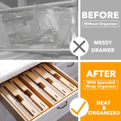 WrapNeat 2 in 1 Wrap Organizer with Cutter and Labels, Plastic Wrap, Aluminum Foil and Wax Bamboo Dispenser for Kitchen Storage Organization Holder for 12" Roll (Natural)