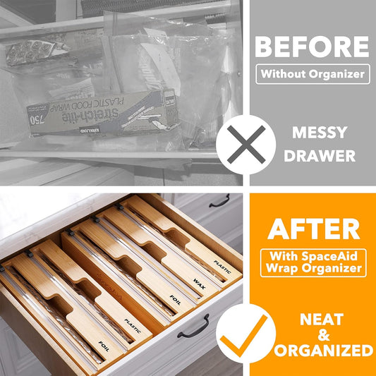 WrapNeat 2 in 1 Wrap Organizer with Cutter and Labels, Plastic Wrap, Aluminum Foil and Wax Bamboo Dispenser for Kitchen Storage Organization Holder for 12" Roll (Natural)